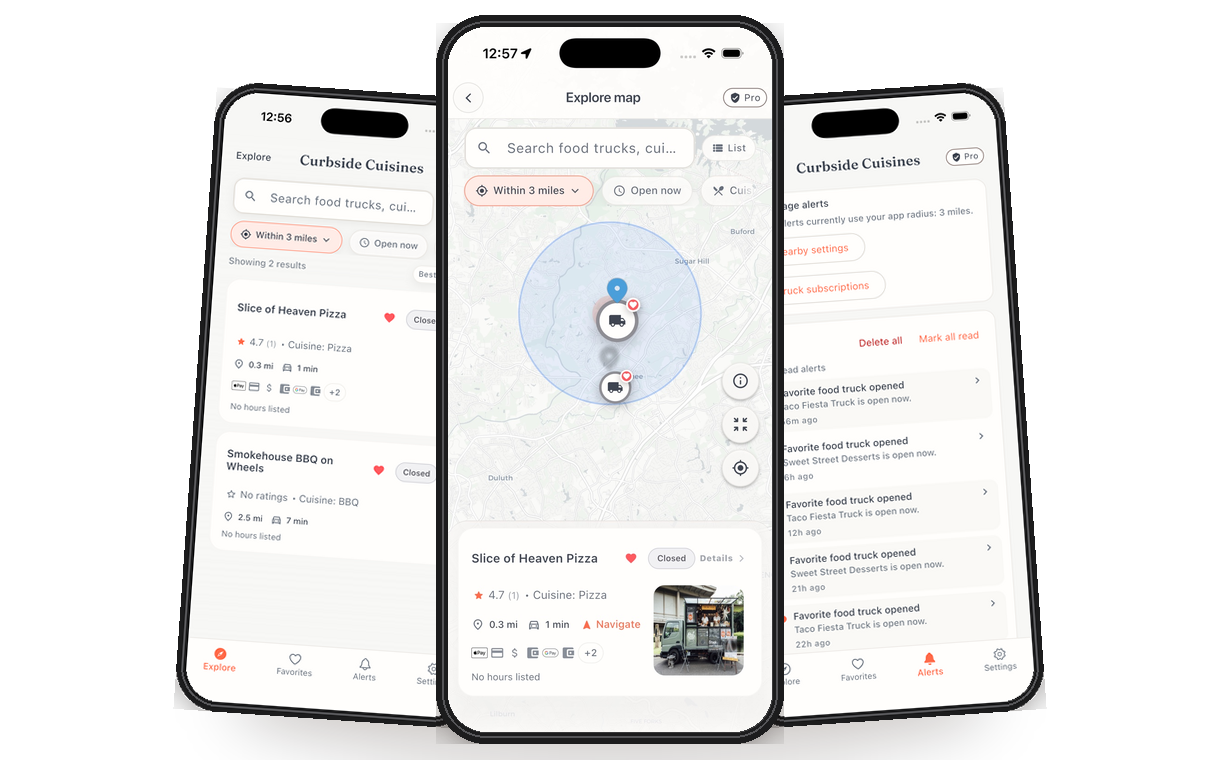 Curbside Cuisines app previews on three phones